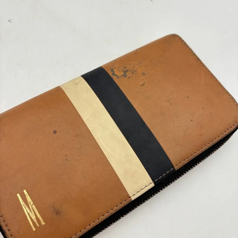 Clare V. Continental Printed Stripe Wallet Leather Tan Initial Logo Minimalist